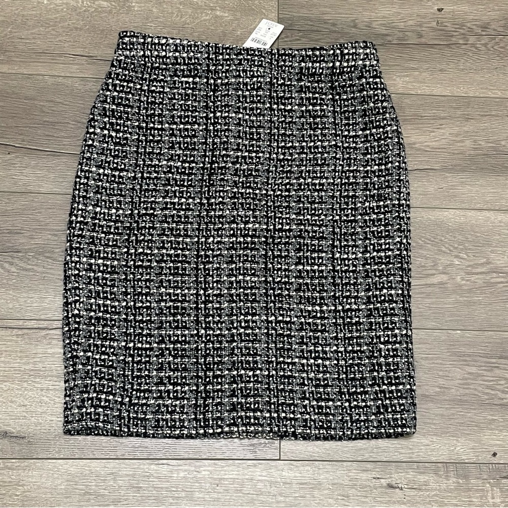 J. Crew Black Gray Ivory Multi-Color Graphite Tweed Pencil Skirt Wool Sz 4 NWT